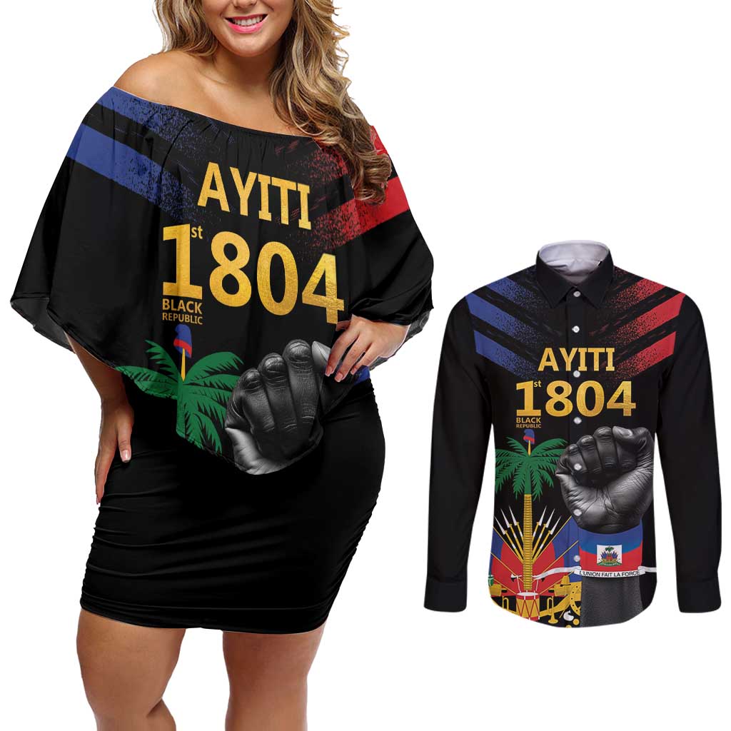 Haiti Independence Day Couples Matching Off Shoulder Short Dress and Long Sleeve Button Shirt The First Black Republic Since 1804 LT9 - Wonder Print Shop