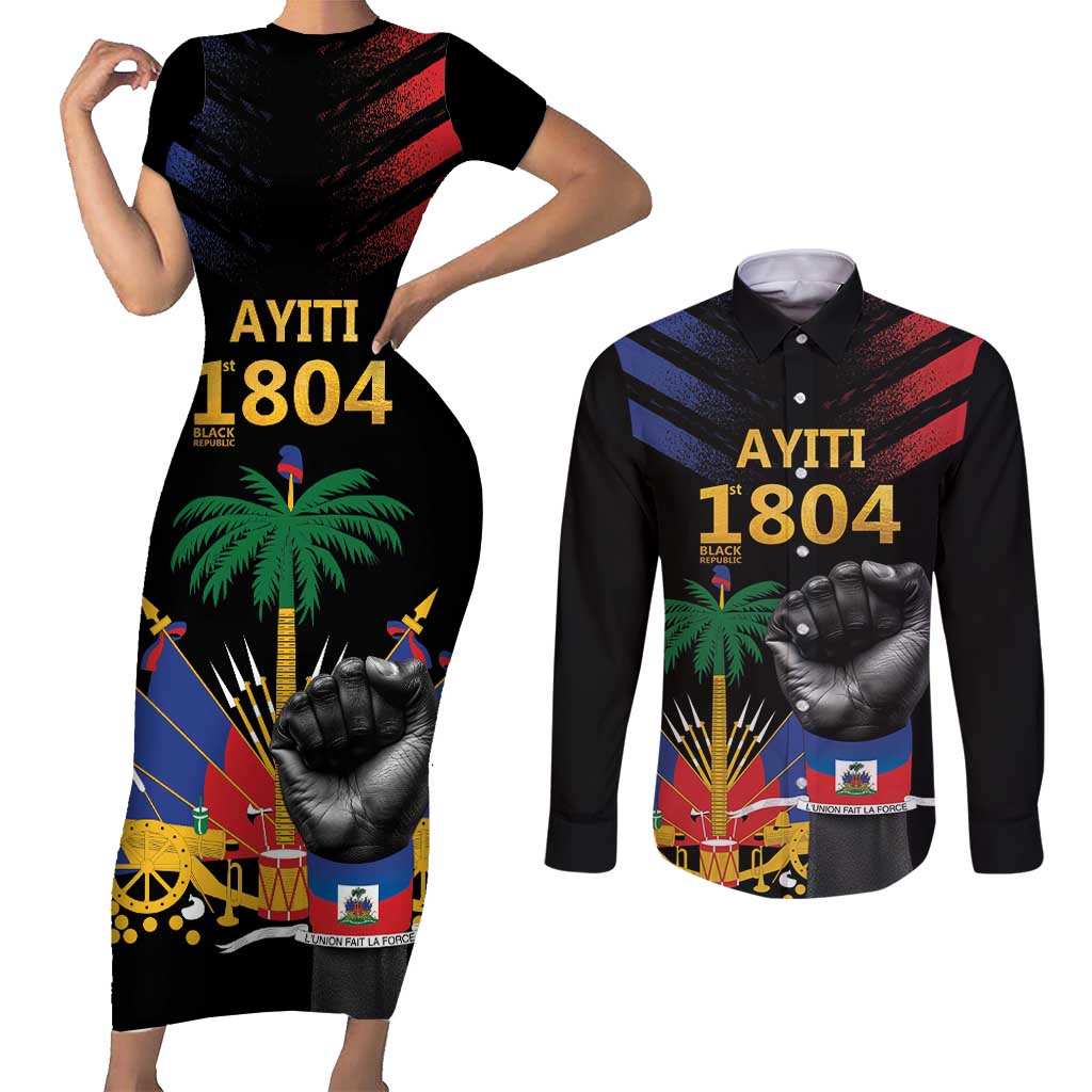 Haiti Independence Day Couples Matching Short Sleeve Bodycon Dress and Long Sleeve Button Shirt The First Black Republic Since 1804 LT9 - Wonder Print Shop