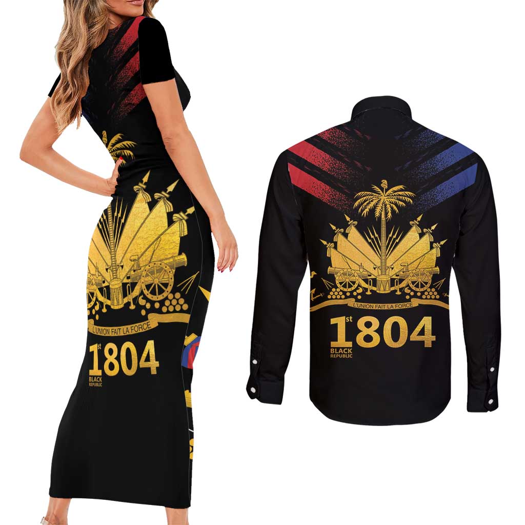 Haiti Independence Day Couples Matching Short Sleeve Bodycon Dress and Long Sleeve Button Shirt The First Black Republic Since 1804 LT9 - Wonder Print Shop