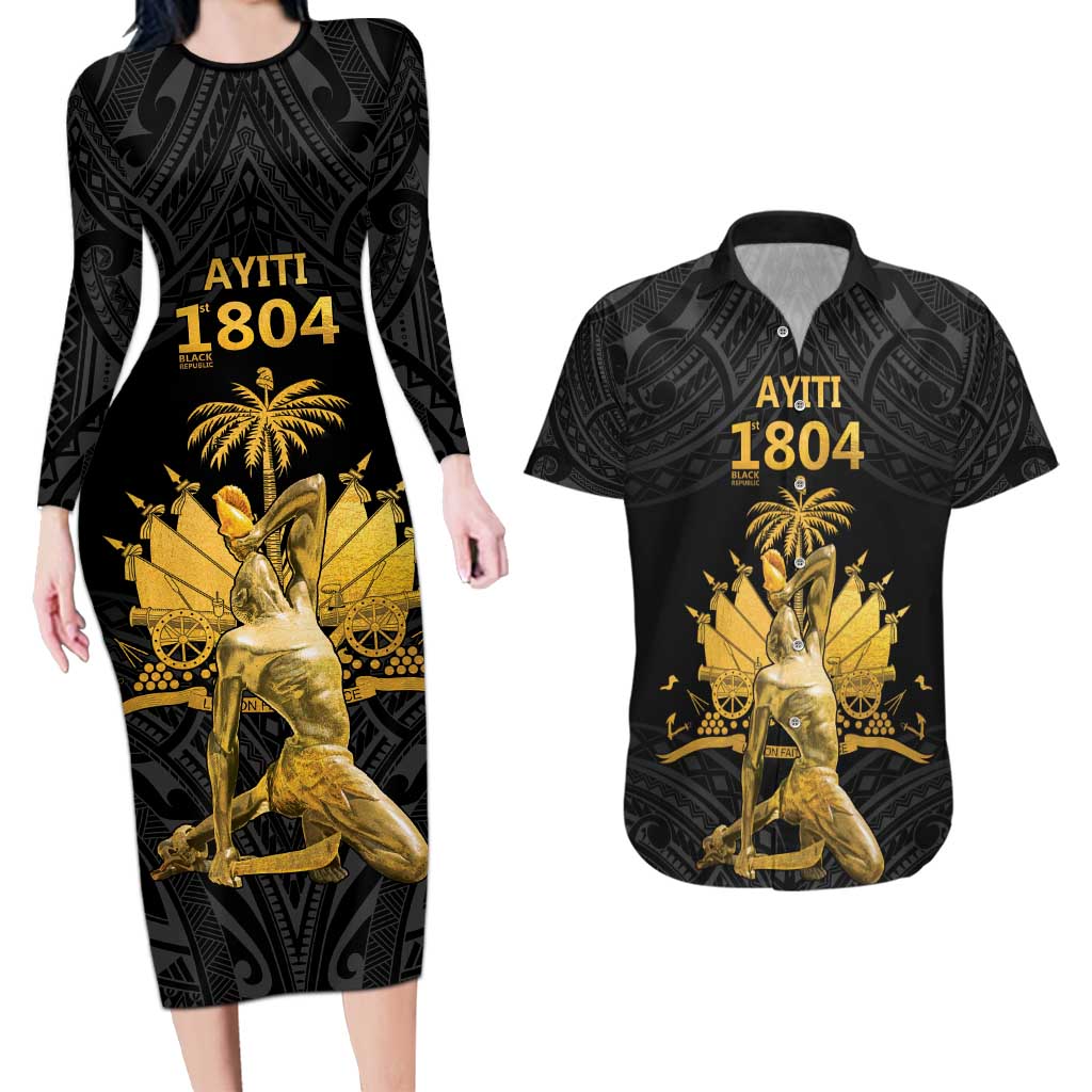Haitian Negre Marron 1804 Couples Matching Long Sleeve Bodycon Dress and Hawaiian Shirt Black Polynesian Pattern LT9 - Wonder Print Shop