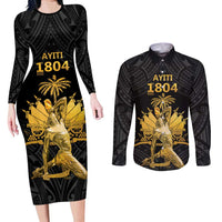 Haitian Negre Marron 1804 Couples Matching Long Sleeve Bodycon Dress and Long Sleeve Button Shirt Black Polynesian Pattern LT9 - Wonder Print Shop