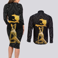Haitian Negre Marron 1804 Couples Matching Long Sleeve Bodycon Dress and Long Sleeve Button Shirt Black Polynesian Pattern LT9 - Wonder Print Shop
