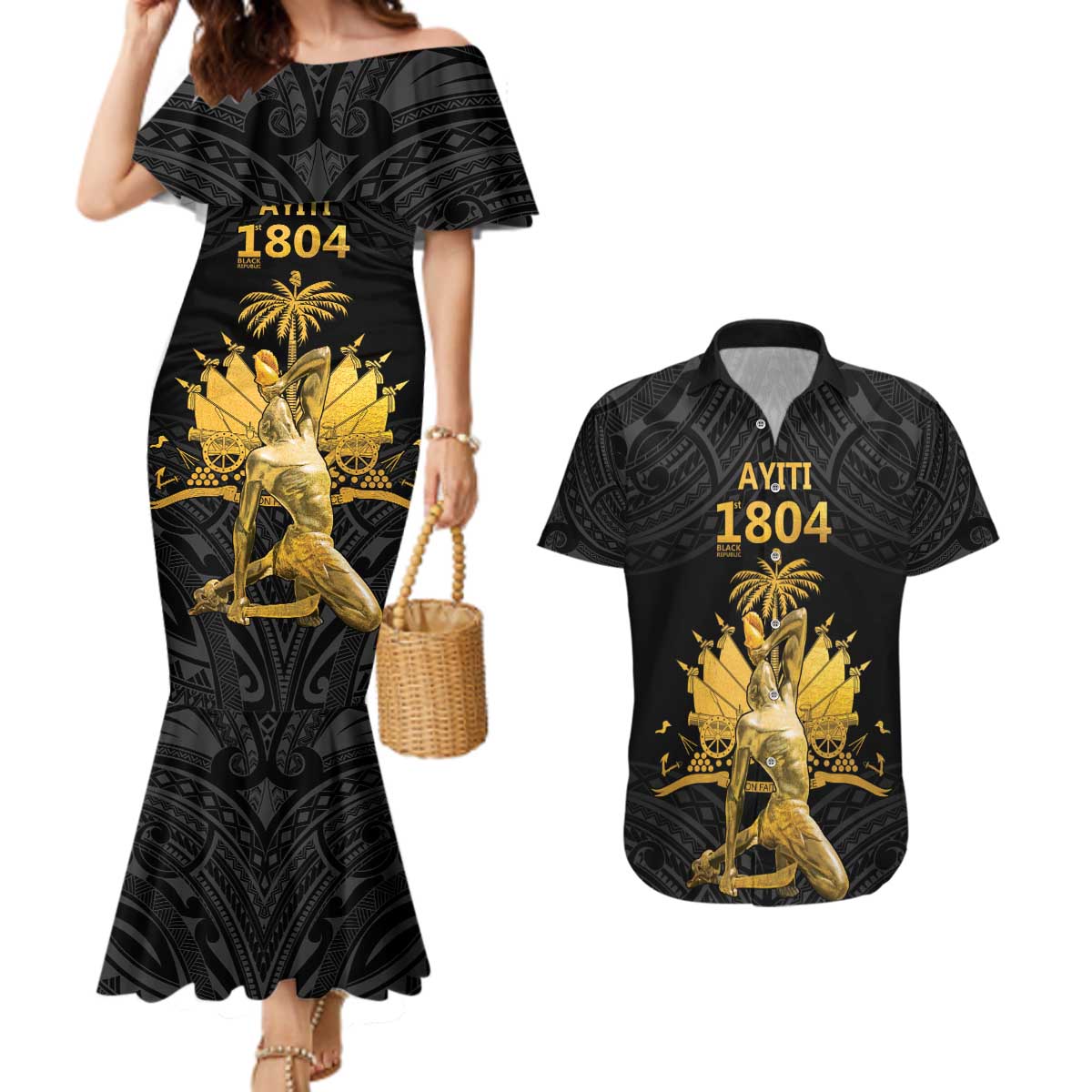 Haitian Negre Marron 1804 Couples Matching Mermaid Dress and Hawaiian Shirt Black Polynesian Pattern LT9 - Wonder Print Shop
