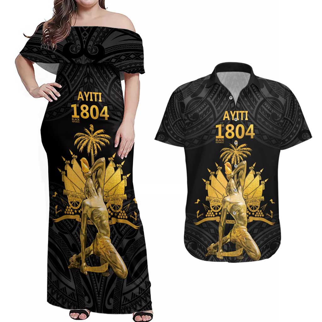 Haitian Negre Marron 1804 Couples Matching Off Shoulder Maxi Dress and Hawaiian Shirt Black Polynesian Pattern LT9 - Wonder Print Shop