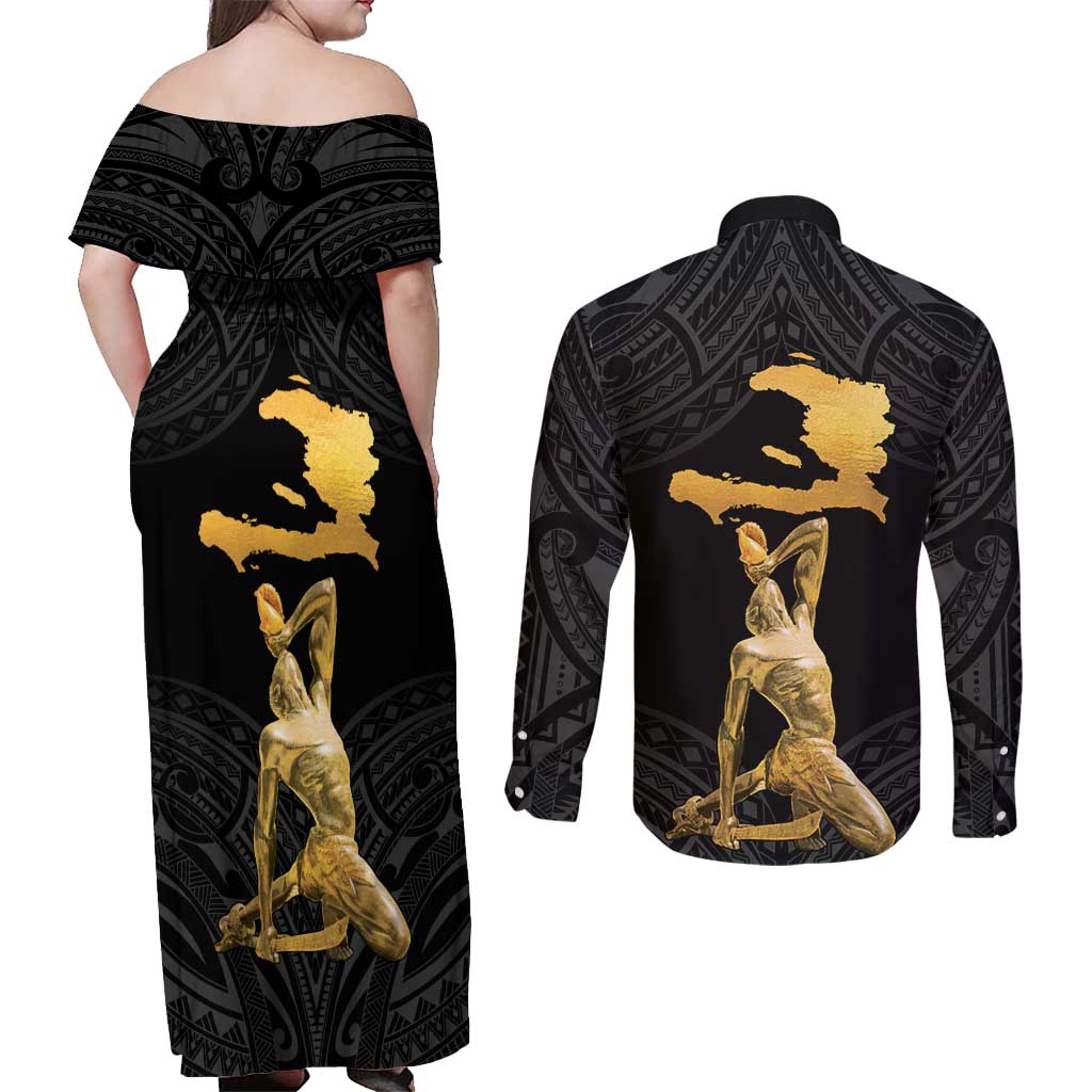 Haitian Negre Marron 1804 Couples Matching Off Shoulder Maxi Dress and Long Sleeve Button Shirt Black Polynesian Pattern LT9 - Wonder Print Shop