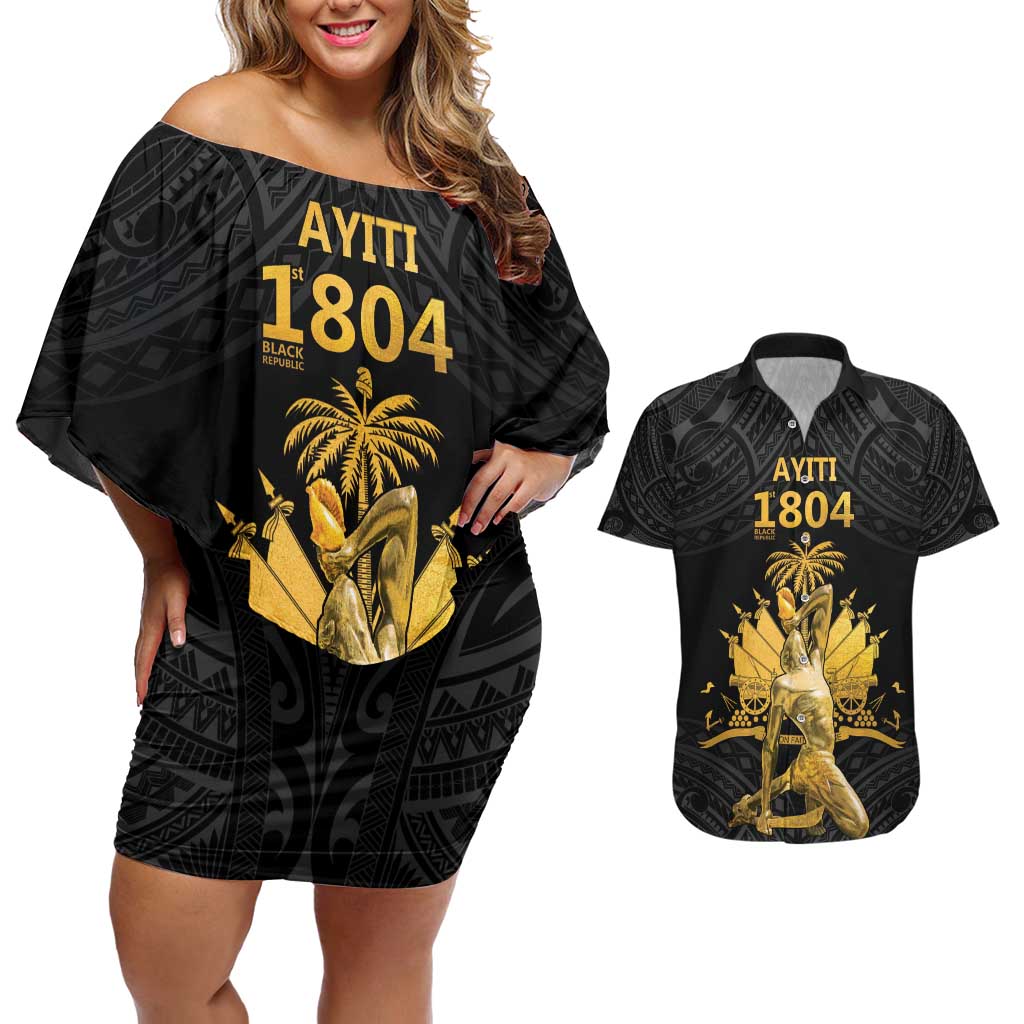 Haitian Negre Marron 1804 Couples Matching Off Shoulder Short Dress and Hawaiian Shirt Black Polynesian Pattern LT9 - Wonder Print Shop