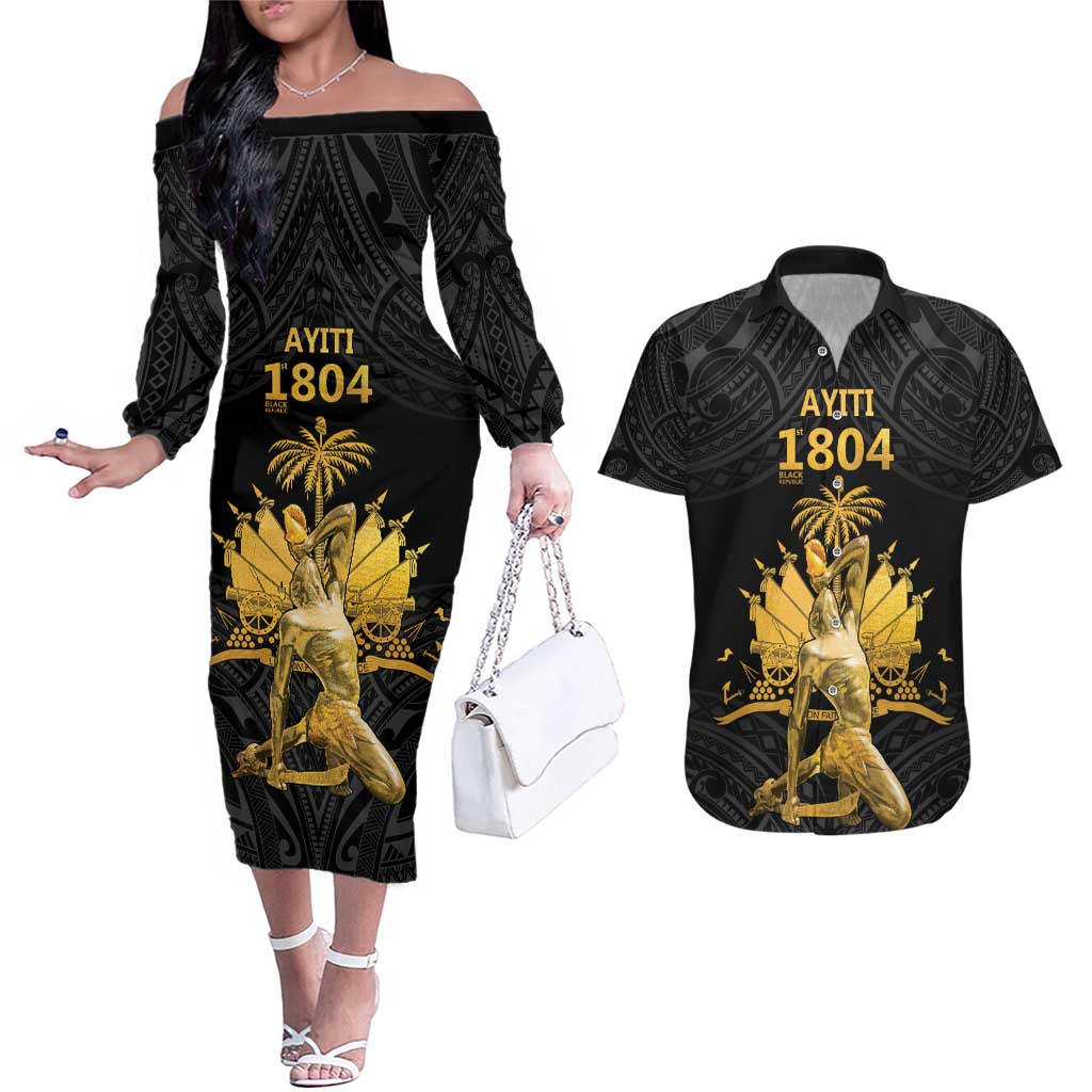 Haitian Negre Marron 1804 Couples Matching Off The Shoulder Long Sleeve Dress and Hawaiian Shirt Black Polynesian Pattern LT9 - Wonder Print Shop
