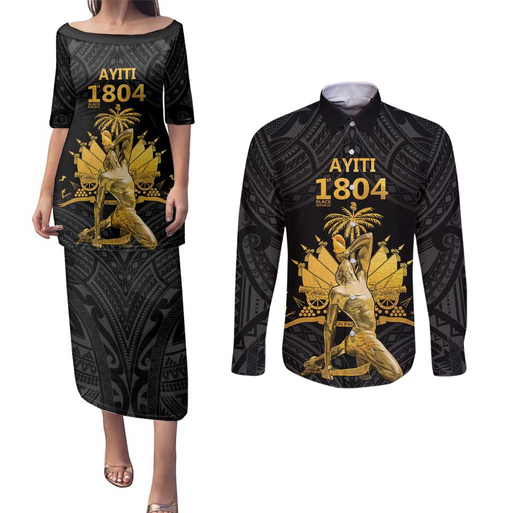 Haitian Negre Marron 1804 Couples Matching Puletasi and Long Sleeve Button Shirt Black Polynesian Pattern LT9 - Wonder Print Shop