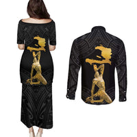 Haitian Negre Marron 1804 Couples Matching Puletasi and Long Sleeve Button Shirt Black Polynesian Pattern LT9 - Wonder Print Shop