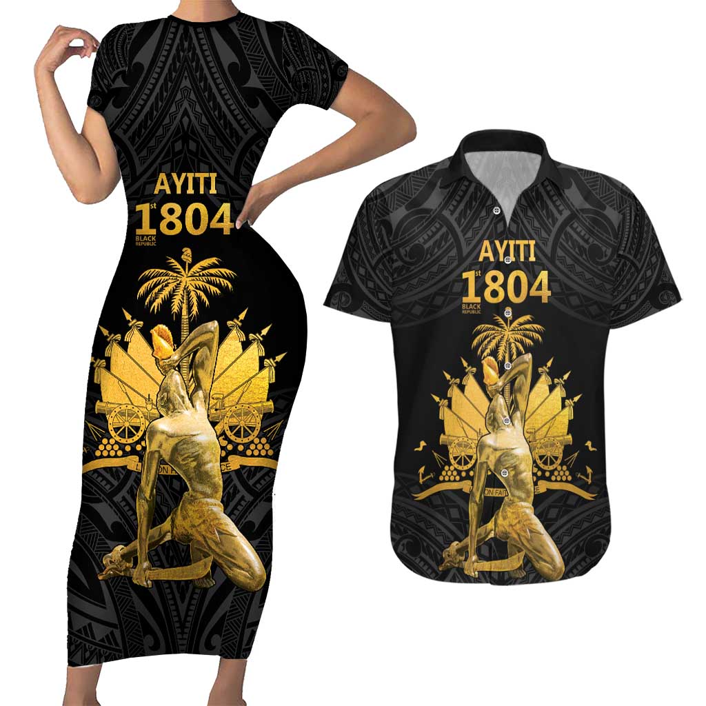 Haitian Negre Marron 1804 Couples Matching Short Sleeve Bodycon Dress and Hawaiian Shirt Black Polynesian Pattern LT9 - Wonder Print Shop