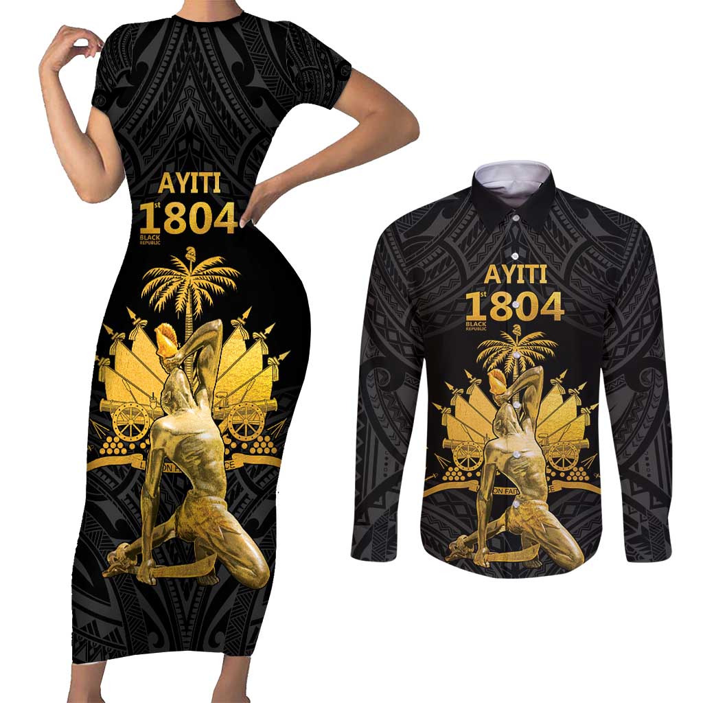 Haitian Negre Marron 1804 Couples Matching Short Sleeve Bodycon Dress and Long Sleeve Button Shirt Black Polynesian Pattern LT9 - Wonder Print Shop