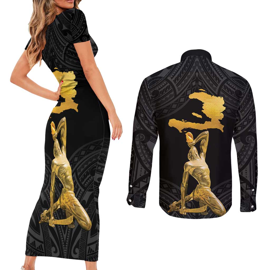 Haitian Negre Marron 1804 Couples Matching Short Sleeve Bodycon Dress and Long Sleeve Button Shirt Black Polynesian Pattern LT9 - Wonder Print Shop