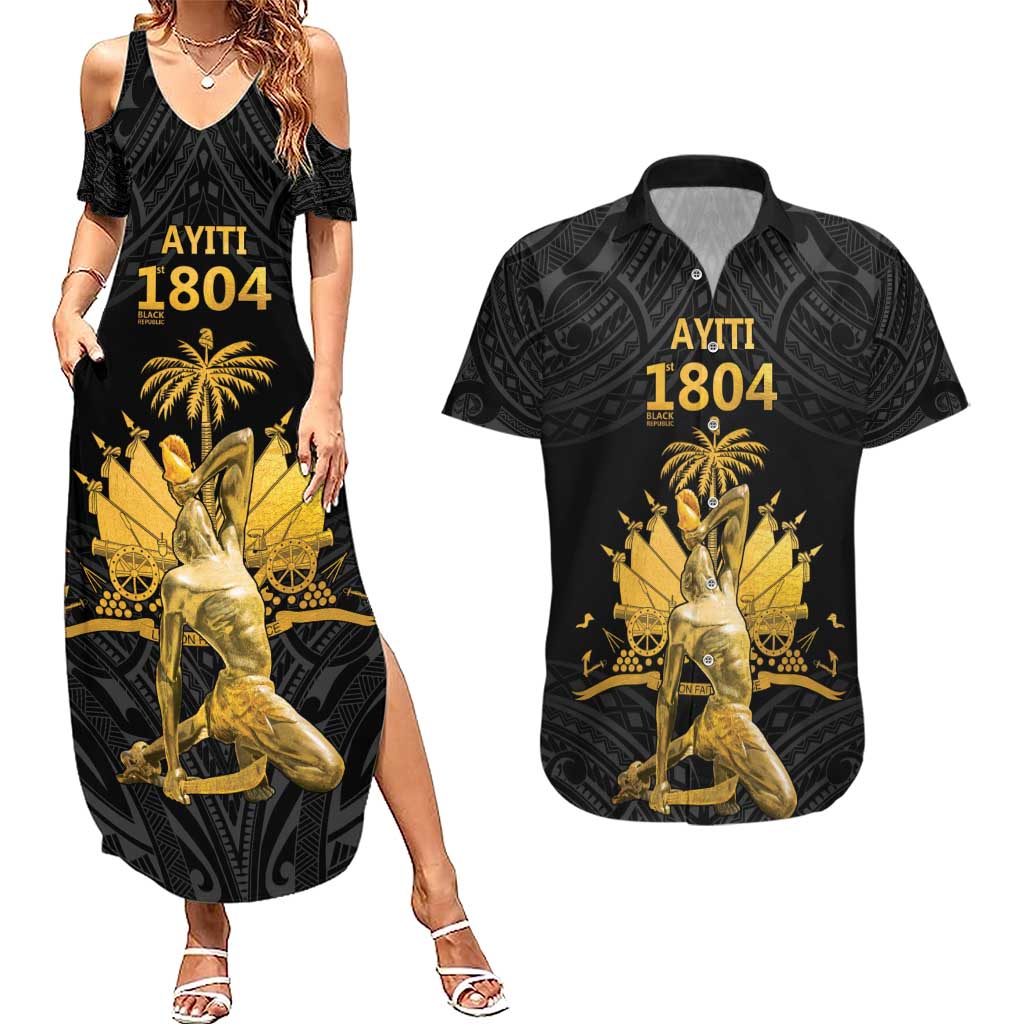 Haitian Negre Marron 1804 Couples Matching Summer Maxi Dress and Hawaiian Shirt Black Polynesian Pattern LT9 - Wonder Print Shop