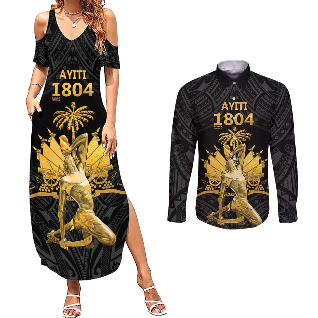 Haitian Negre Marron 1804 Couples Matching Summer Maxi Dress and Long Sleeve Button Shirt Black Polynesian Pattern LT9 - Wonder Print Shop