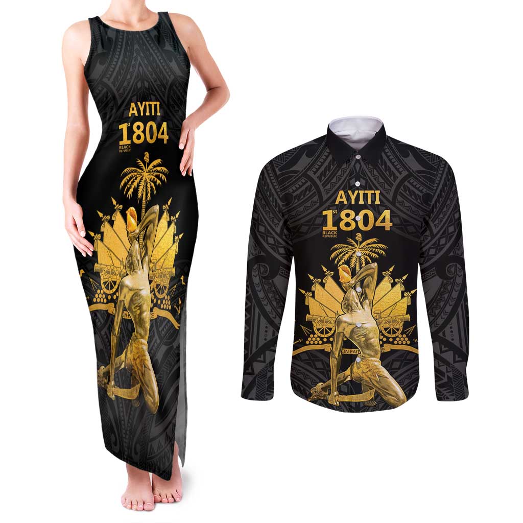 Haitian Negre Marron 1804 Couples Matching Tank Maxi Dress and Long Sleeve Button Shirt Black Polynesian Pattern LT9 - Wonder Print Shop