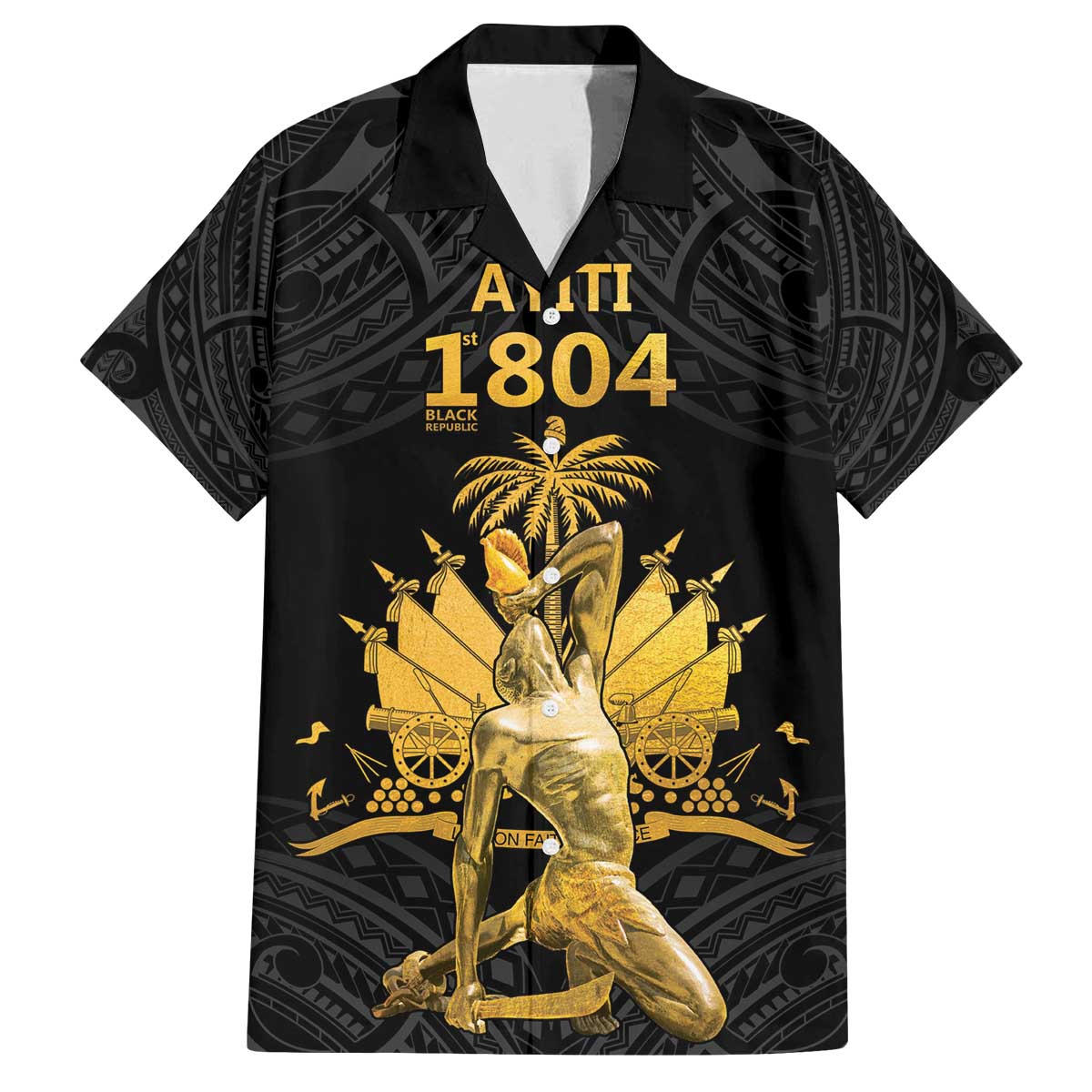 Haitian Negre Marron 1804 Family Matching Off The Shoulder Long Sleeve Dress and Hawaiian Shirt Black Polynesian Pattern - Wonder Print Shop