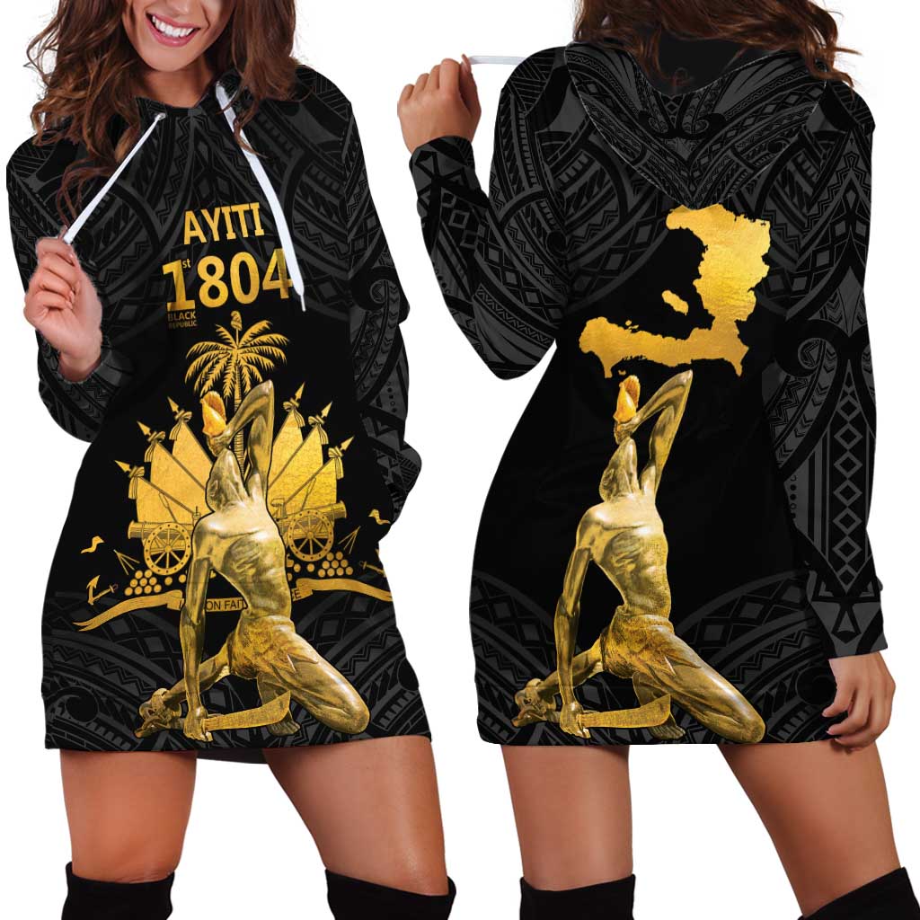 Haitian Negre Marron 1804 Hoodie Dress Black Polynesian Pattern - Wonder Print Shop