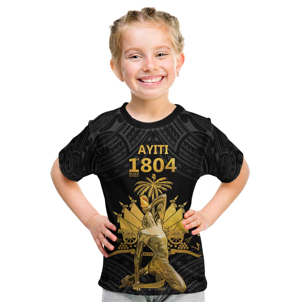 Haitian Negre Marron 1804 Kid T Shirt Black Polynesian Pattern - Wonder Print Shop