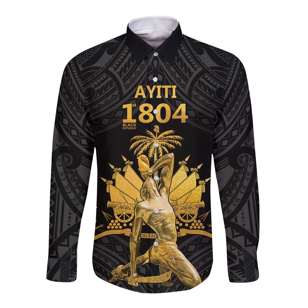 Haitian Negre Marron 1804 Long Sleeve Button Shirt Black Polynesian Pattern - Wonder Print Shop