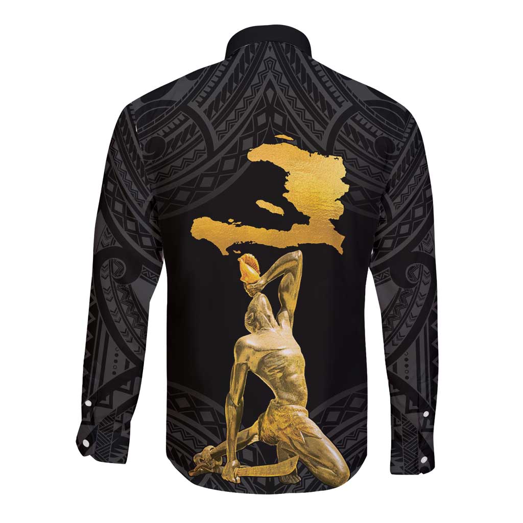 Haitian Negre Marron 1804 Long Sleeve Button Shirt Black Polynesian Pattern - Wonder Print Shop