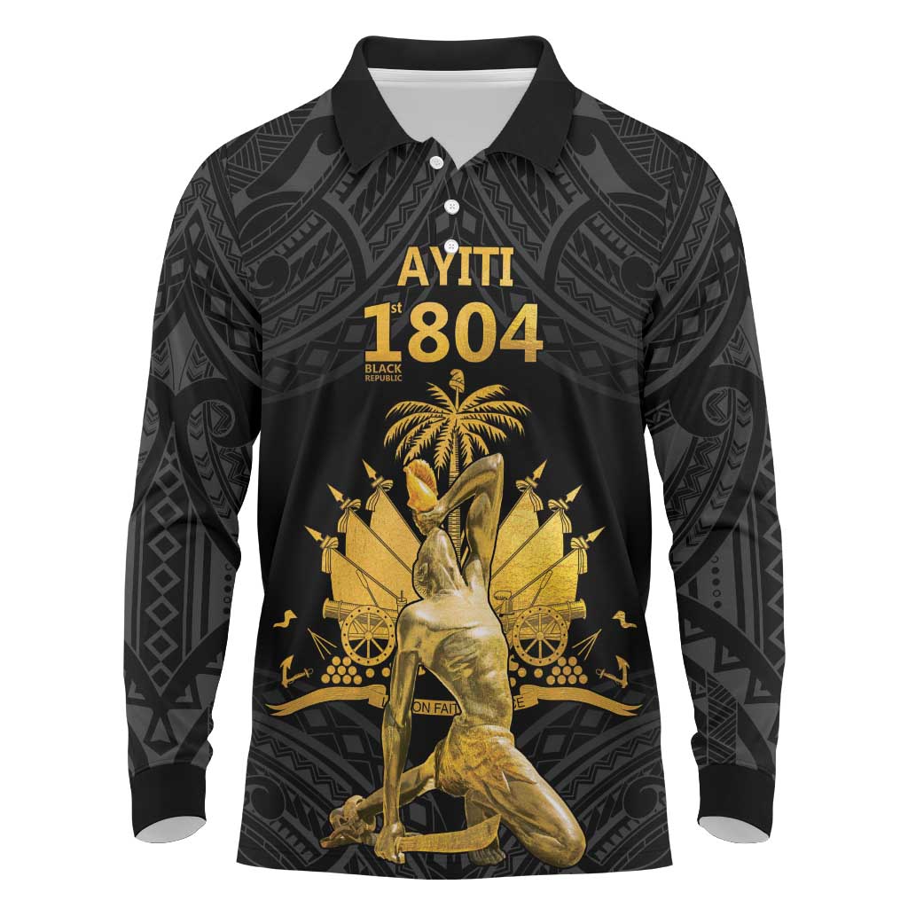 Haitian Negre Marron 1804 Long Sleeve Polo Shirt Black Polynesian Pattern - Wonder Print Shop