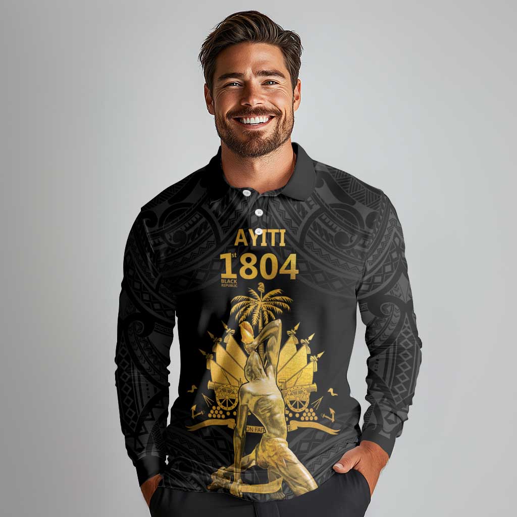Haitian Negre Marron 1804 Long Sleeve Polo Shirt Black Polynesian Pattern - Wonder Print Shop
