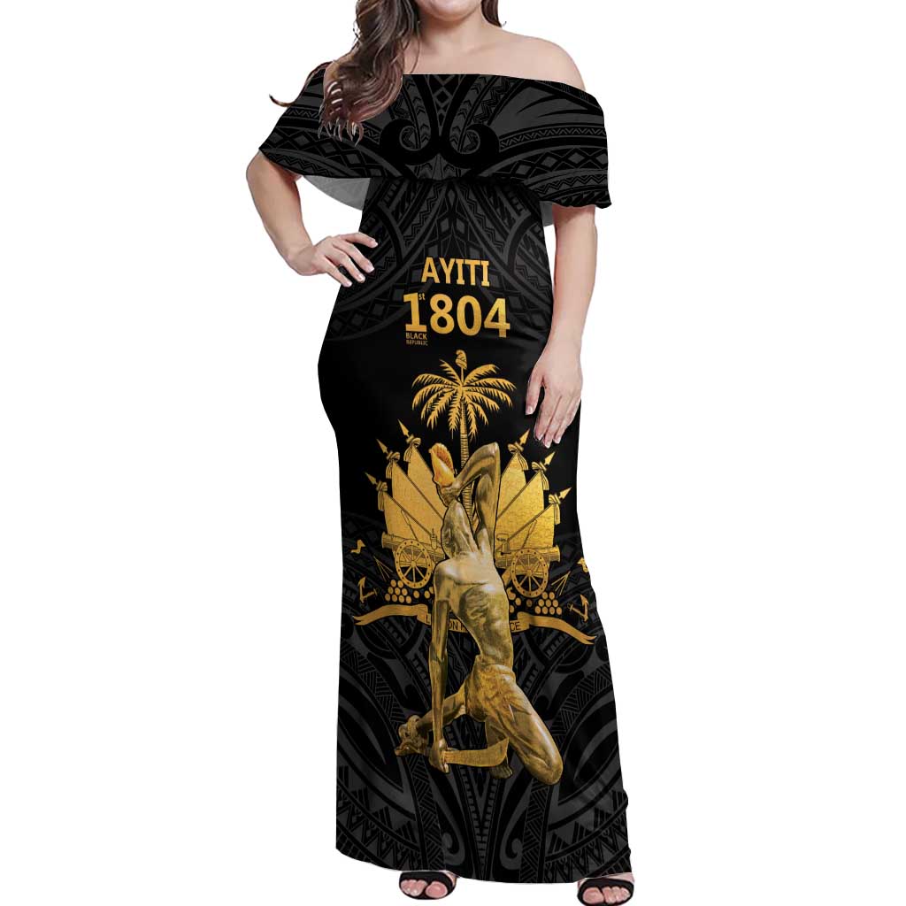 Haitian Negre Marron 1804 Off Shoulder Maxi Dress Black Polynesian Pattern - Wonder Print Shop