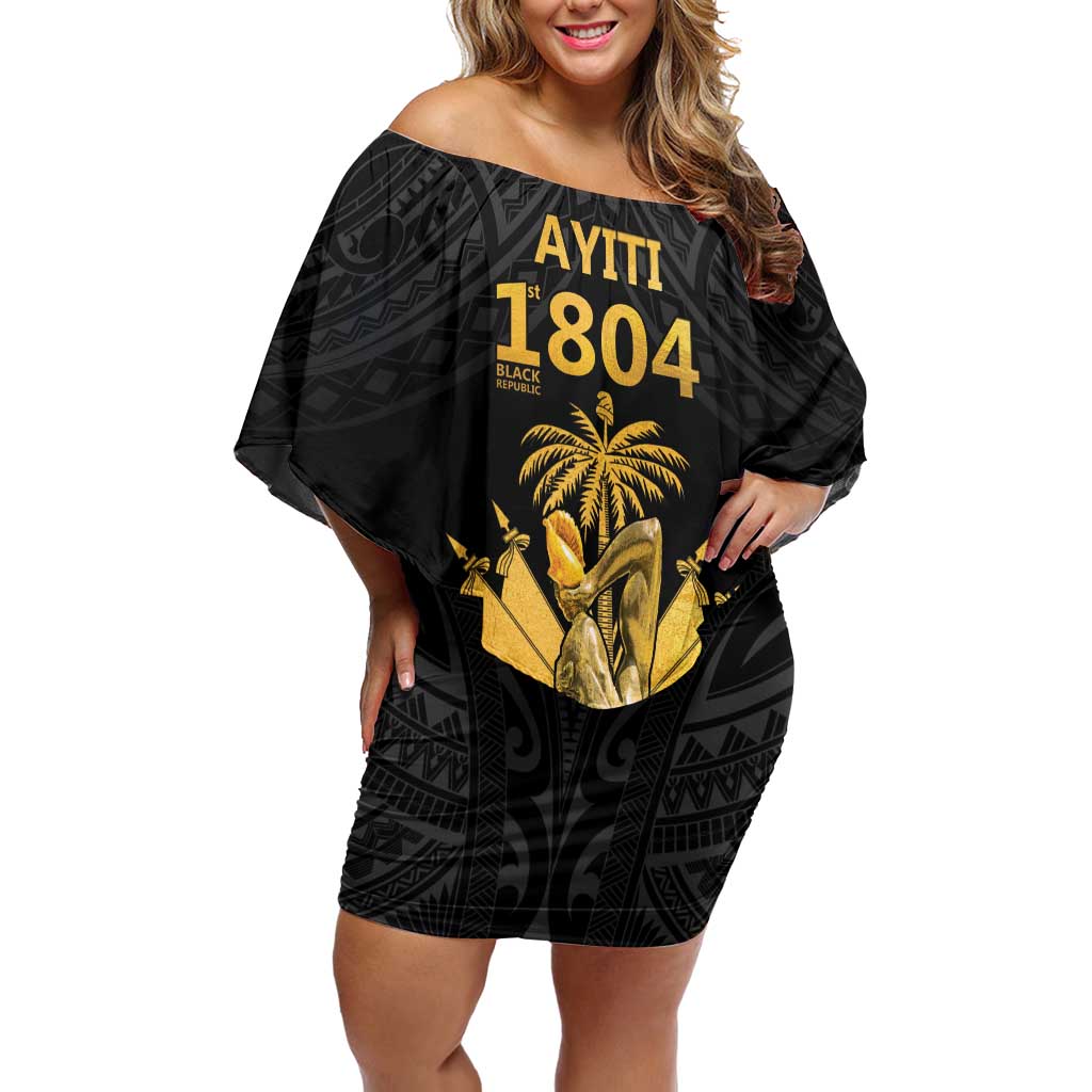 Haitian Negre Marron 1804 Off Shoulder Short Dress Black Polynesian Pattern - Wonder Print Shop