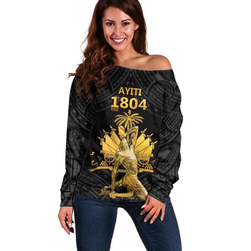Haitian Negre Marron 1804 Off Shoulder Sweater Black Polynesian Pattern - Wonder Print Shop