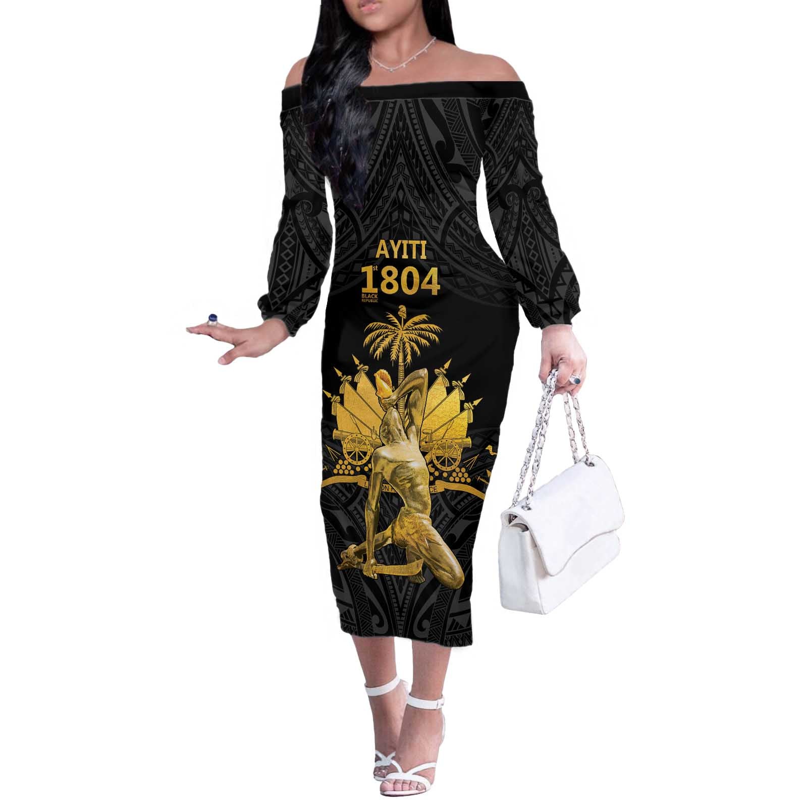 Haitian Negre Marron 1804 Off The Shoulder Long Sleeve Dress Black Polynesian Pattern - Wonder Print Shop