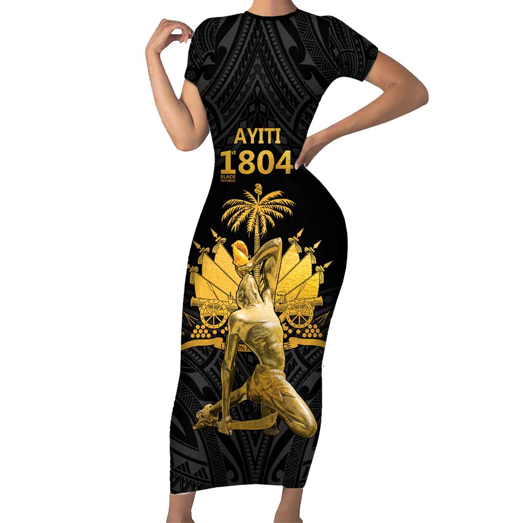 Haitian Negre Marron 1804 Short Sleeve Bodycon Dress Black Polynesian Pattern - Wonder Print Shop