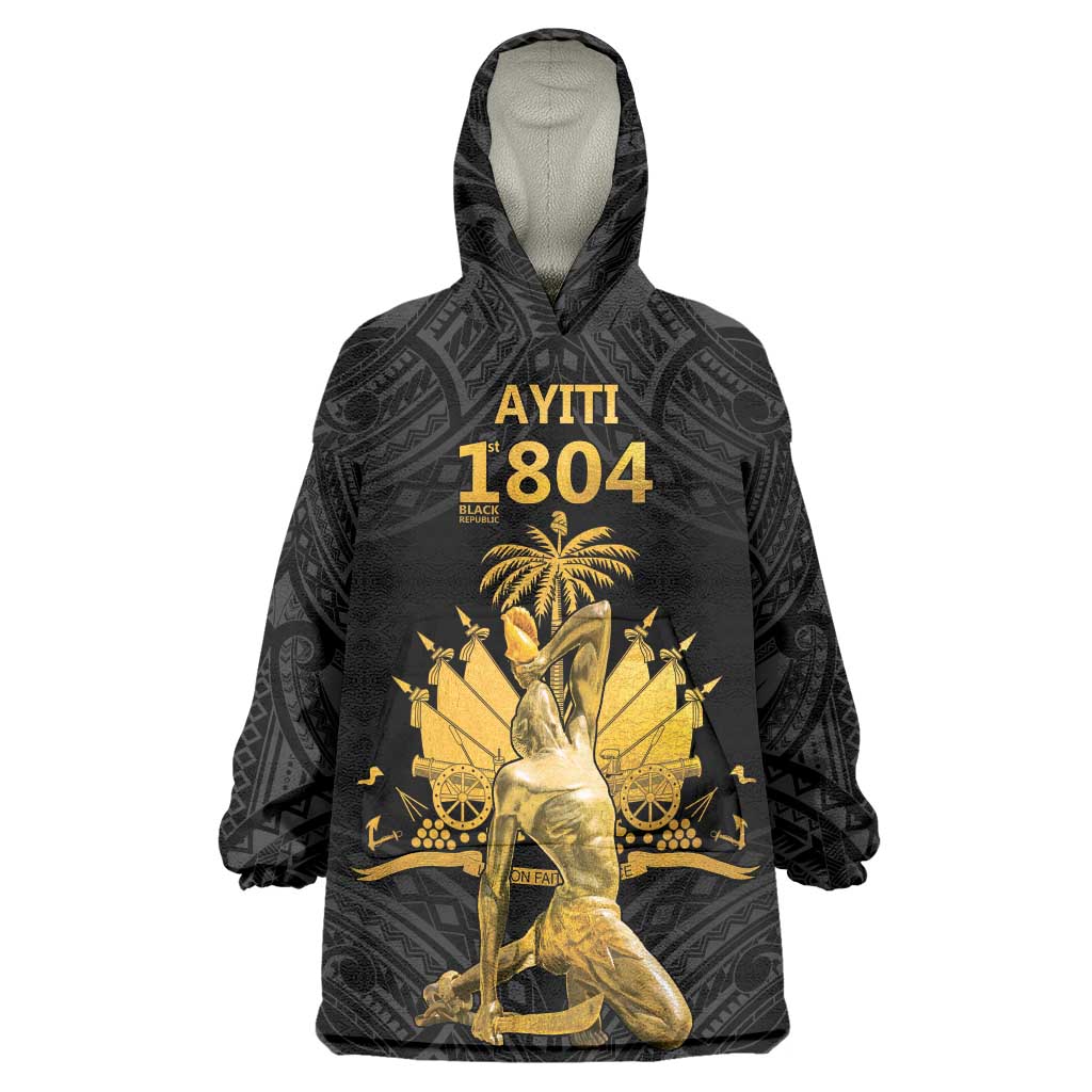 Haitian Negre Marron 1804 Wearable Blanket Hoodie Black Polynesian Pattern - Wonder Print Shop