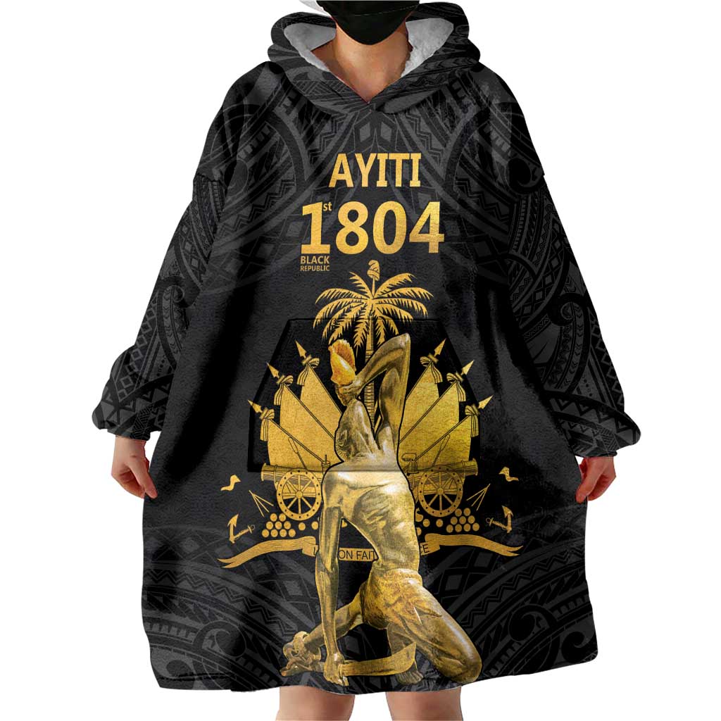 Haitian Negre Marron 1804 Wearable Blanket Hoodie Black Polynesian Pattern - Wonder Print Shop