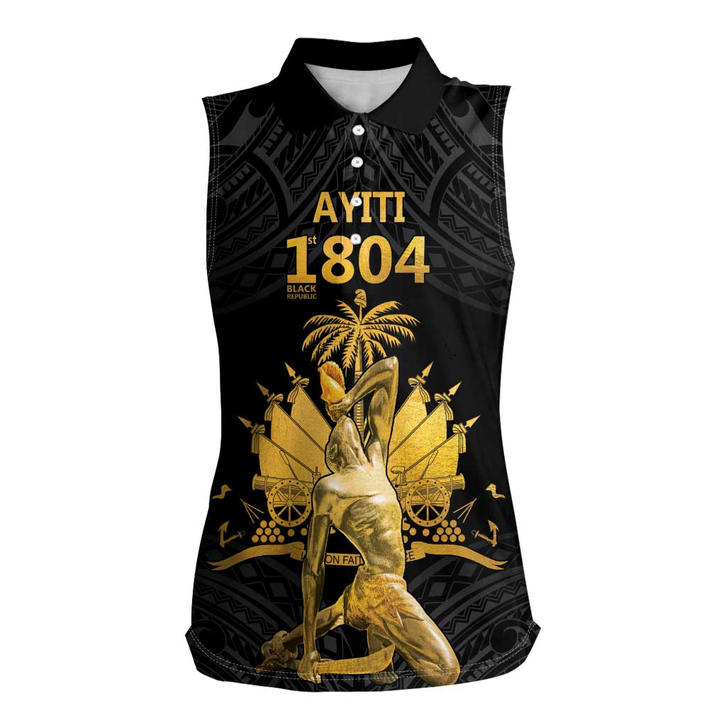 Haitian Negre Marron 1804 Women Sleeveless Polo Shirt Black Polynesian Pattern - Wonder Print Shop
