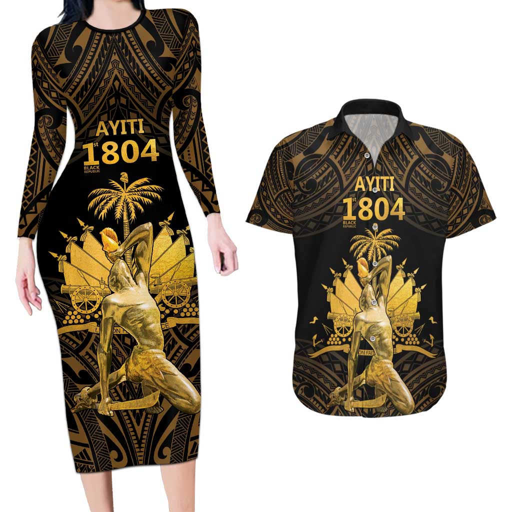 Haitian Negre Marron 1804 Couples Matching Long Sleeve Bodycon Dress and Hawaiian Shirt Gold Polynesian Pattern LT9 - Wonder Print Shop