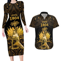 Haitian Negre Marron 1804 Couples Matching Long Sleeve Bodycon Dress and Hawaiian Shirt Gold Polynesian Pattern LT9 - Wonder Print Shop