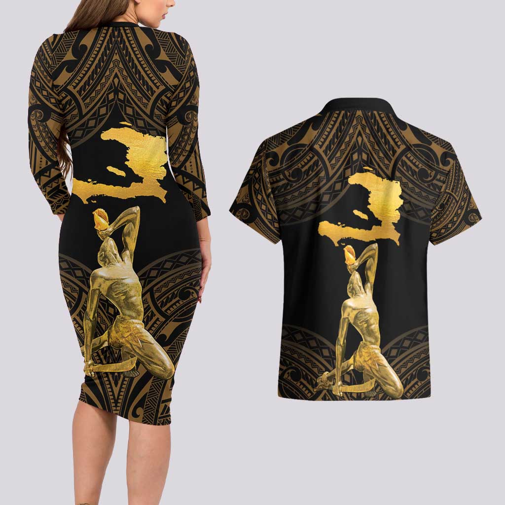 Haitian Negre Marron 1804 Couples Matching Long Sleeve Bodycon Dress and Hawaiian Shirt Gold Polynesian Pattern LT9 - Wonder Print Shop
