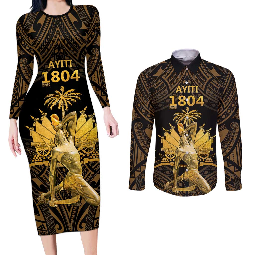 Haitian Negre Marron 1804 Couples Matching Long Sleeve Bodycon Dress and Long Sleeve Button Shirt Gold Polynesian Pattern LT9 - Wonder Print Shop