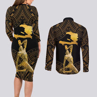 Haitian Negre Marron 1804 Couples Matching Long Sleeve Bodycon Dress and Long Sleeve Button Shirt Gold Polynesian Pattern LT9 - Wonder Print Shop