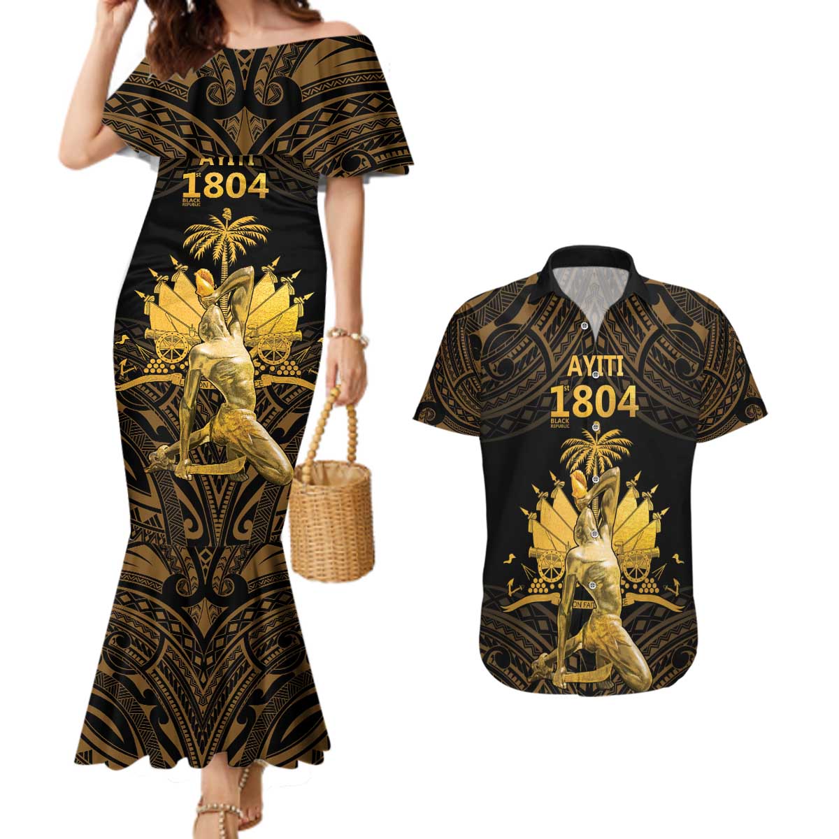 Haitian Negre Marron 1804 Couples Matching Mermaid Dress and Hawaiian Shirt Gold Polynesian Pattern LT9 - Wonder Print Shop