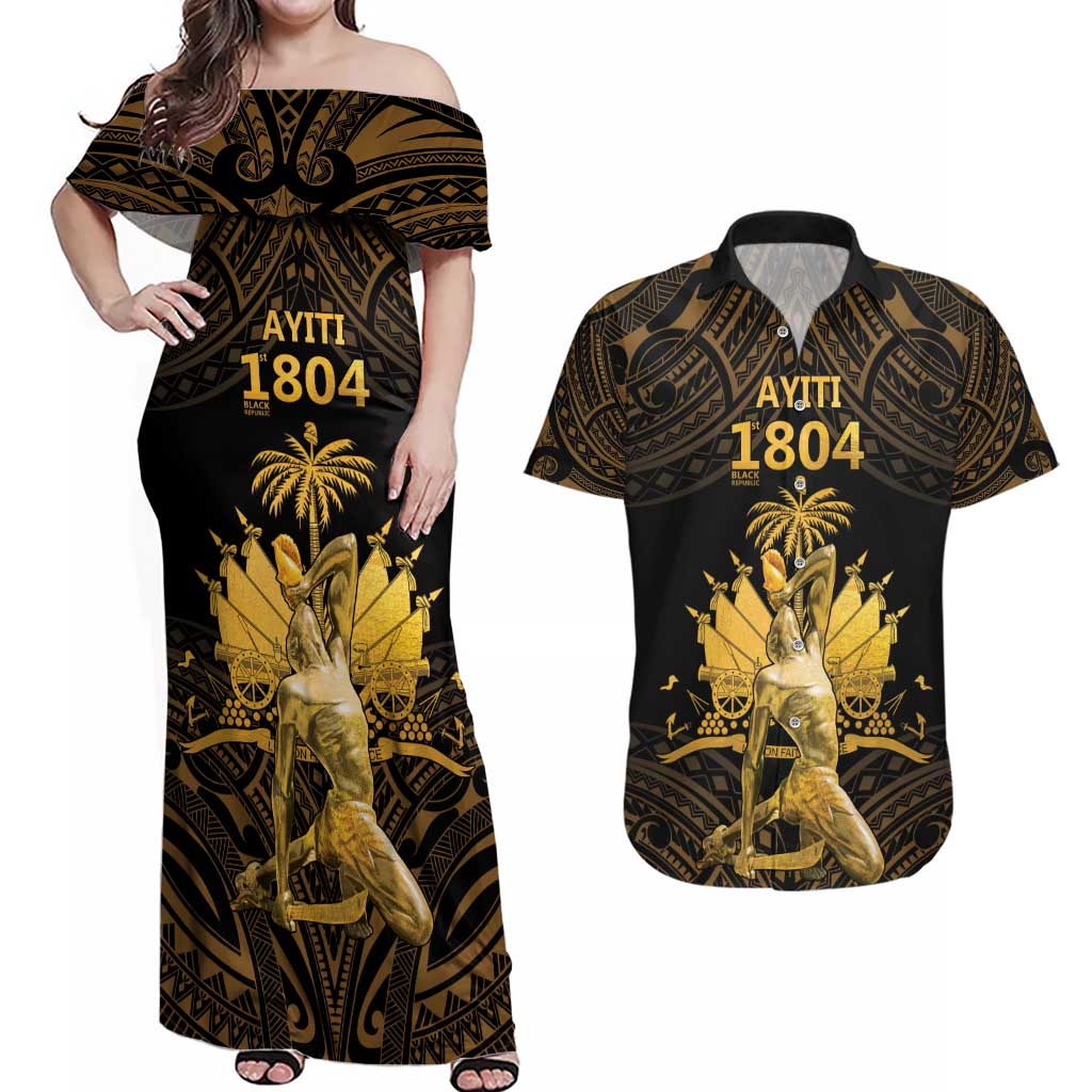Haitian Negre Marron 1804 Couples Matching Off Shoulder Maxi Dress and Hawaiian Shirt Gold Polynesian Pattern LT9 - Wonder Print Shop