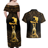 Haitian Negre Marron 1804 Couples Matching Off Shoulder Maxi Dress and Hawaiian Shirt Gold Polynesian Pattern LT9 - Wonder Print Shop