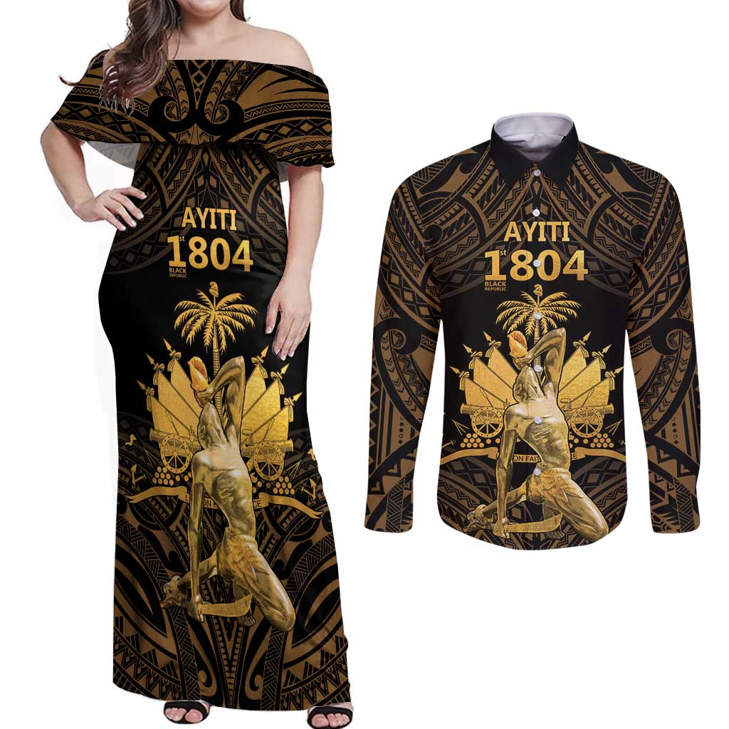 Haitian Negre Marron 1804 Couples Matching Off Shoulder Maxi Dress and Long Sleeve Button Shirt Gold Polynesian Pattern LT9 - Wonder Print Shop