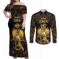 Haitian Negre Marron 1804 Couples Matching Off Shoulder Maxi Dress and Long Sleeve Button Shirt Gold Polynesian Pattern LT9 - Wonder Print Shop