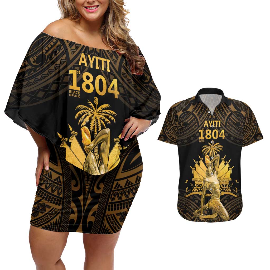 Haitian Negre Marron 1804 Couples Matching Off Shoulder Short Dress and Hawaiian Shirt Gold Polynesian Pattern LT9 - Wonder Print Shop