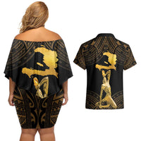 Haitian Negre Marron 1804 Couples Matching Off Shoulder Short Dress and Hawaiian Shirt Gold Polynesian Pattern LT9 - Wonder Print Shop