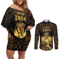 Haitian Negre Marron 1804 Couples Matching Off Shoulder Short Dress and Long Sleeve Button Shirt Gold Polynesian Pattern LT9 - Wonder Print Shop
