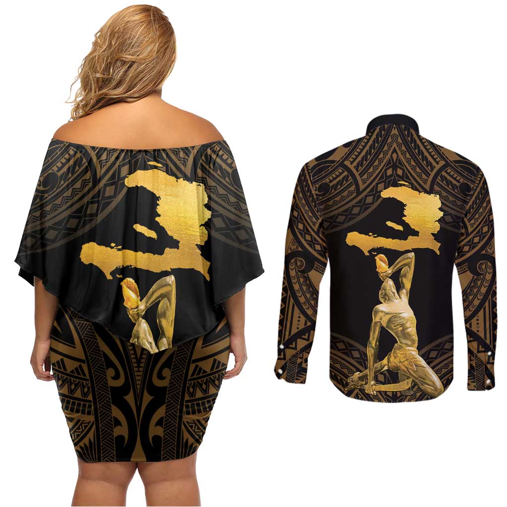 Haitian Negre Marron 1804 Couples Matching Off Shoulder Short Dress and Long Sleeve Button Shirt Gold Polynesian Pattern LT9 - Wonder Print Shop