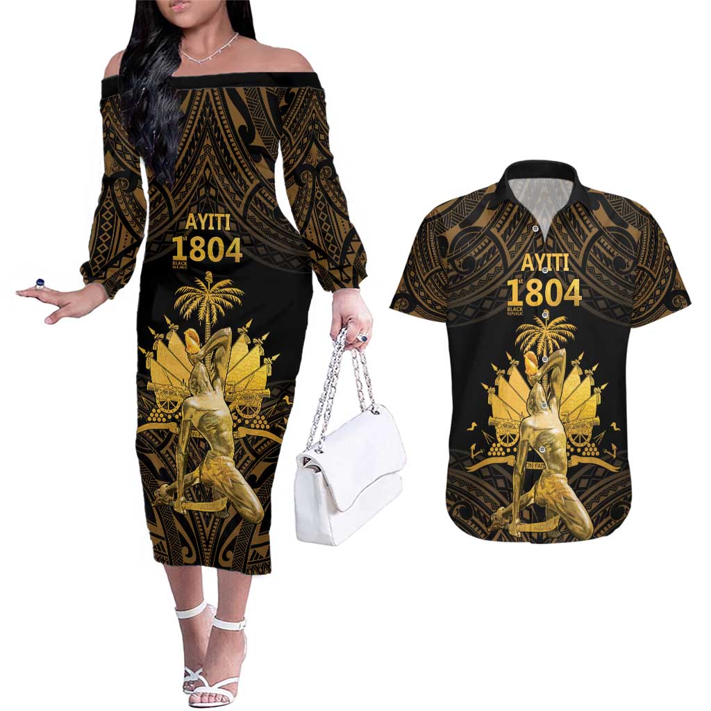 Haitian Negre Marron 1804 Couples Matching Off The Shoulder Long Sleeve Dress and Hawaiian Shirt Gold Polynesian Pattern LT9 - Wonder Print Shop