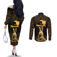 Haitian Negre Marron 1804 Couples Matching Off The Shoulder Long Sleeve Dress and Long Sleeve Button Shirt Gold Polynesian Pattern